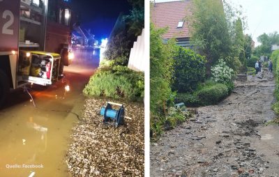 Viel Arbeit für die Feuerwehr und Spuren der Verwüstung nach dem Starkregen an Fronleichnam 2021 in Laer